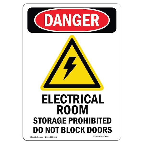 Safety Sign, OSHA Danger, 5" Height, Electrical Room Storage, Portrait, 10PK